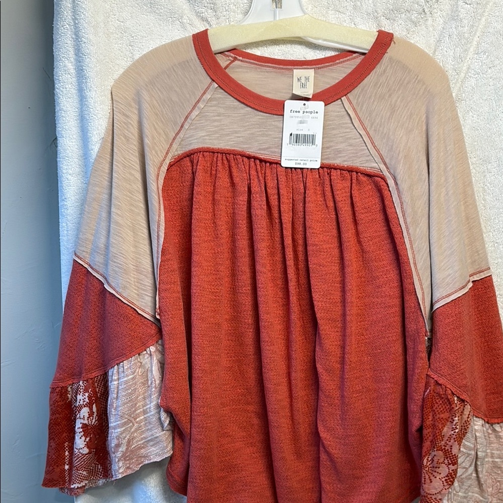 Free People Orange Ruffled 3/4 Sleeve Blouse